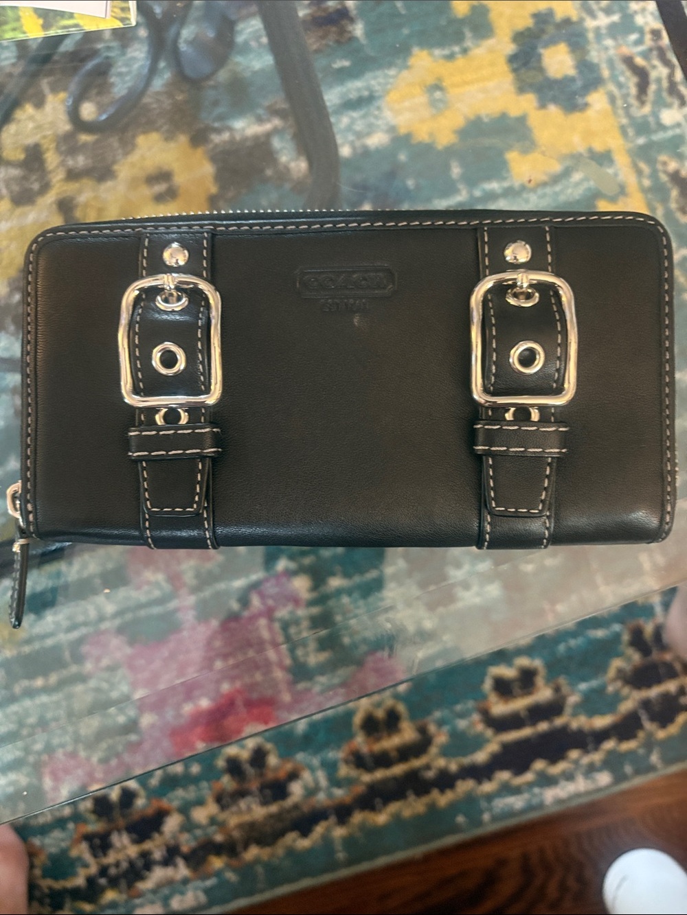 Coach Black Leather Zip Wallet with Buckle Strap Accents